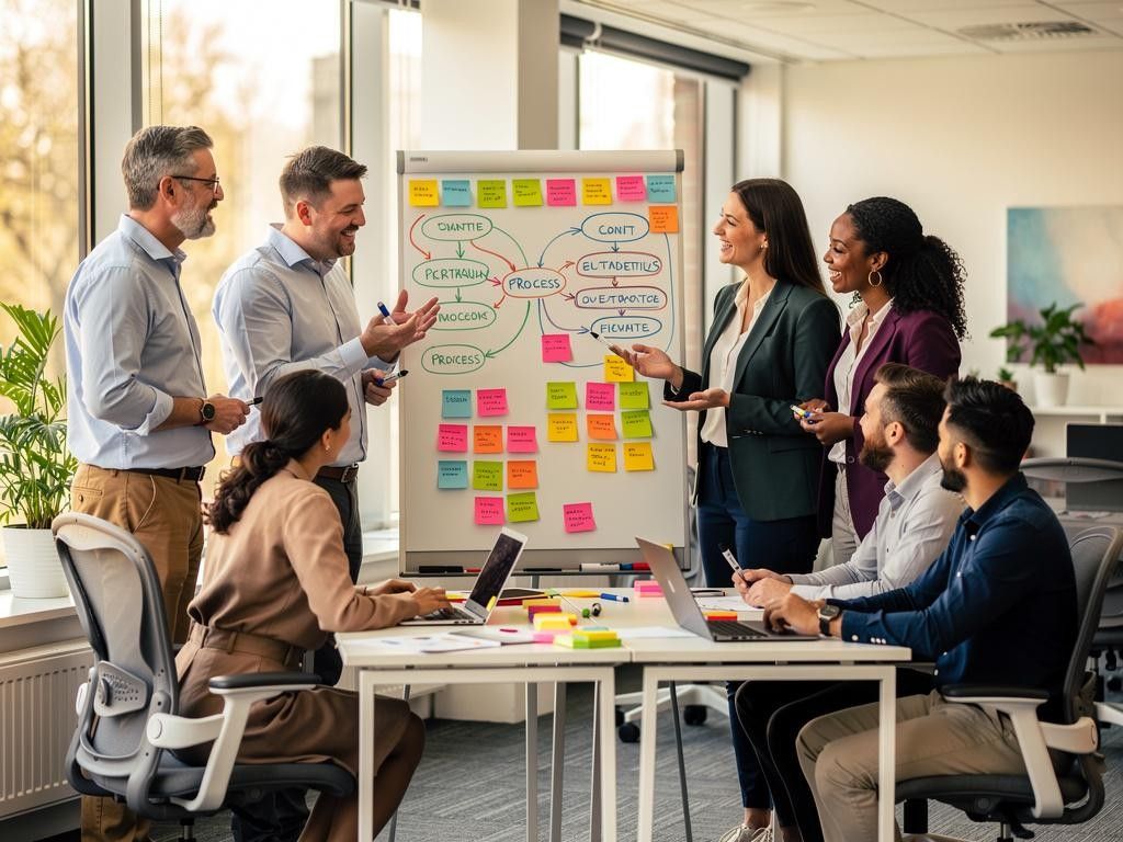 Consultants mapping a client process on a whiteboard during a workshop